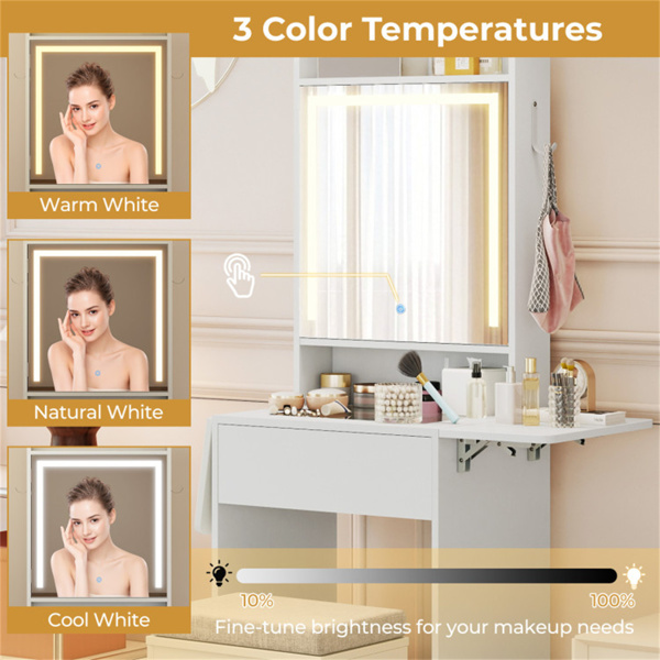 多功能梳妆台，带吹风机架，储物凳化妆台，适合家庭美容组织者-白色-8