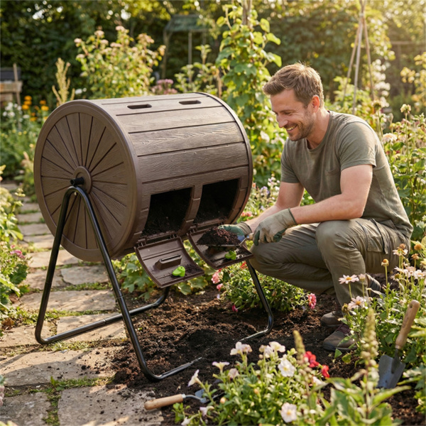 咖啡色双室堆肥滚筒37.5Gal 360°旋转堆肥箱，带搅拌叶片，用于花园-9