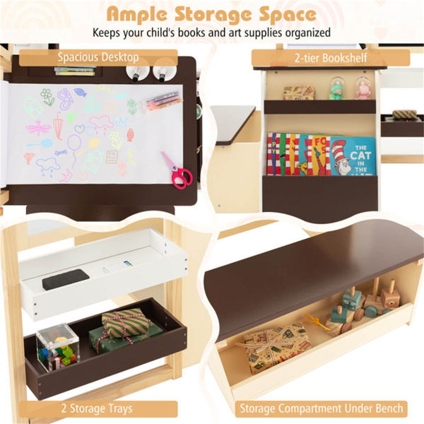 儿童多功能艺术中心，带双面架，3年以上木制艺术桌椅，棕色-8