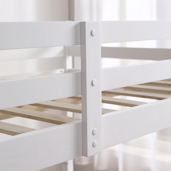 白色 油漆面 松木+胶合板 头尾横撑护栏 Twin 儿童木床 直梯 可拆分成单层床 双层床-10