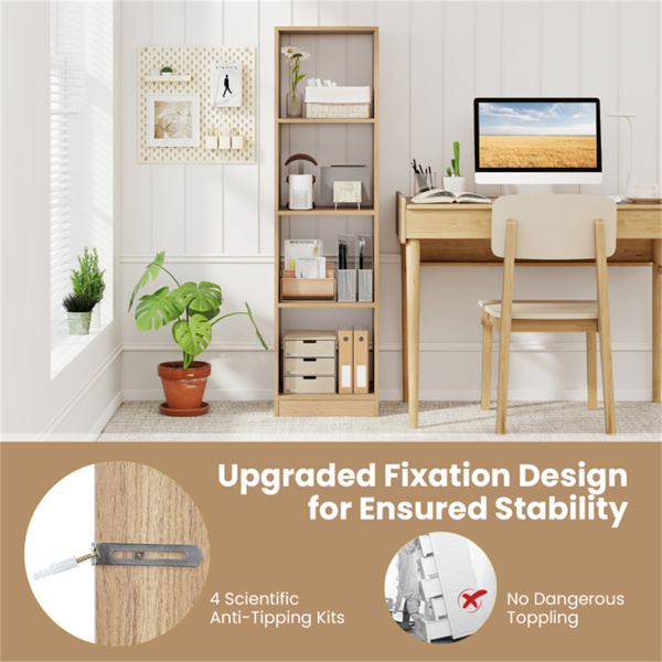 节省空间的5层窄书架，4立方开放式储物架，用于客厅学习-自然色-8