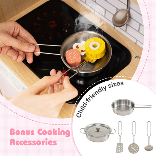 儿童木制厨房玩具套装3+，带冰箱水槽洗衣机，带逼真的轻声藤门-粉色-4