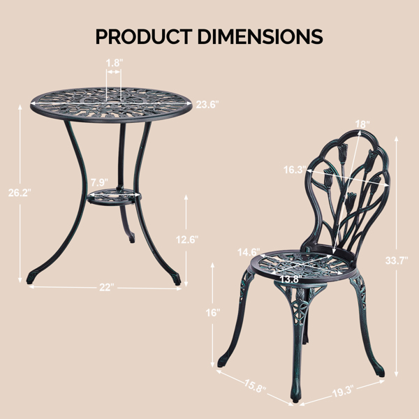 2pcs单人椅和1pc圆桌  郁金香花型 铜绿色 铸件套装-5