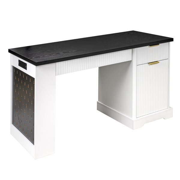 55英寸现代凹槽办公桌，带储物柜和抽屉，电脑书桌，带电源插座、挂板、内置搁板和键盘托盘，适用于书房、客厅、家庭办公室，白色-22