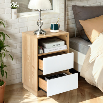 白色+橡木色 P2刨花板 贴麻面三胺 抽屉斜封边 40*30*60cm 两抽带上隔层 床头柜 1PC