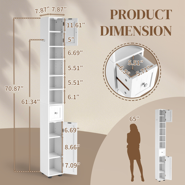 白色  密度板喷漆 竖纹 20*20*180cm 1抽2门4层 窄柜 浴室立柜-12