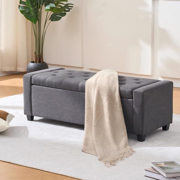 48英寸卧室床尾储物长凳，仿亚麻布面软垫储物脚凳，带扶手，适用于卧室、客厅、玄关，灰色。-7