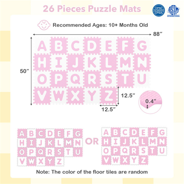 26PCS ABC字母EVA泡沫游戏垫，31.75×31.75×1.02cm不含双酚A防滑地砖，10个月以上，粉色+白色-5