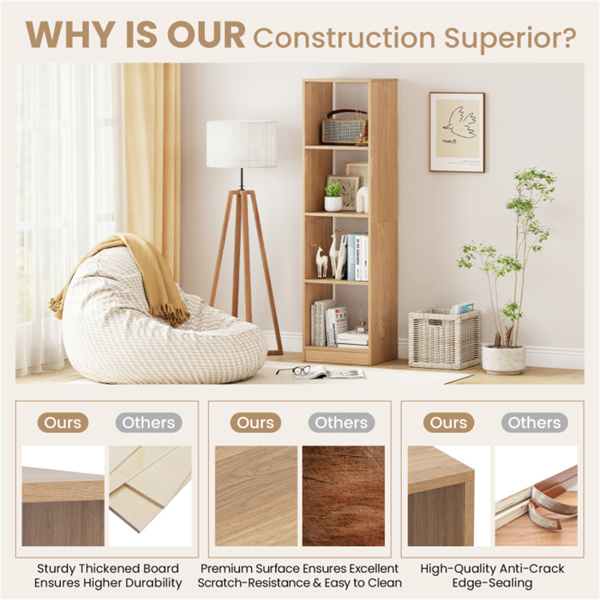 节省空间的5层窄书架，4立方开放式储物架，用于客厅学习-自然色-9