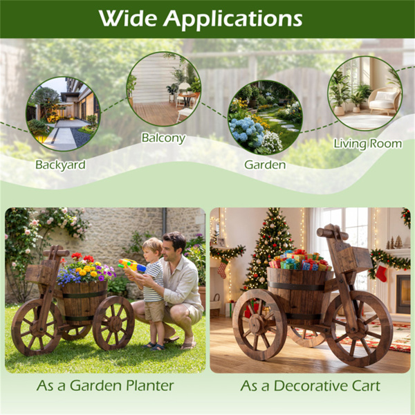 碳化杉木三轮花盆车、排水孔储物箱、老式农舍花盆-8