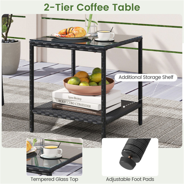 3件套露台PE柳条小酒馆套装，钢化玻璃双层边桌户外椅子套装-白色-9