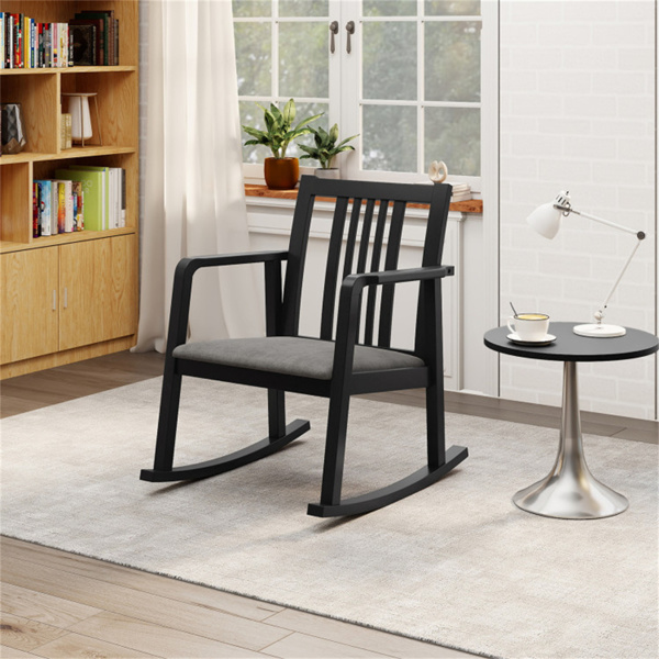 实心橡胶木摇椅，承重400磅，带亚麻垫的室内休闲椅-自然色-6