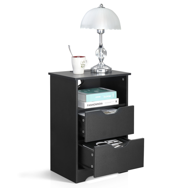 黑色 P2刨花板 贴麻面三胺 无拉手 40*30*60cm 两抽带上隔层 床头柜 带欧规电源 1PC-35