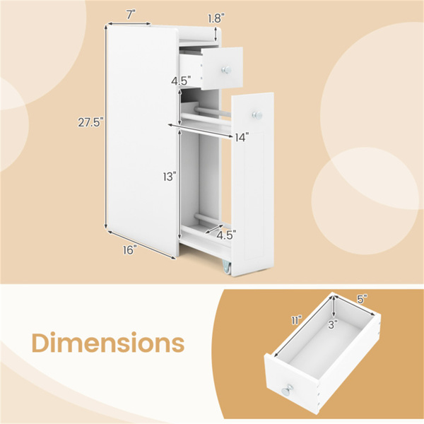 超薄浴室储物柜，带脚轮抽屉，凸起边缘顶部货架防坠落整理器-白色-4