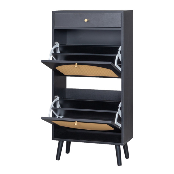 藤面1抽2翻斗 鞋柜 刨花板 54*24*110cm 黑色-3