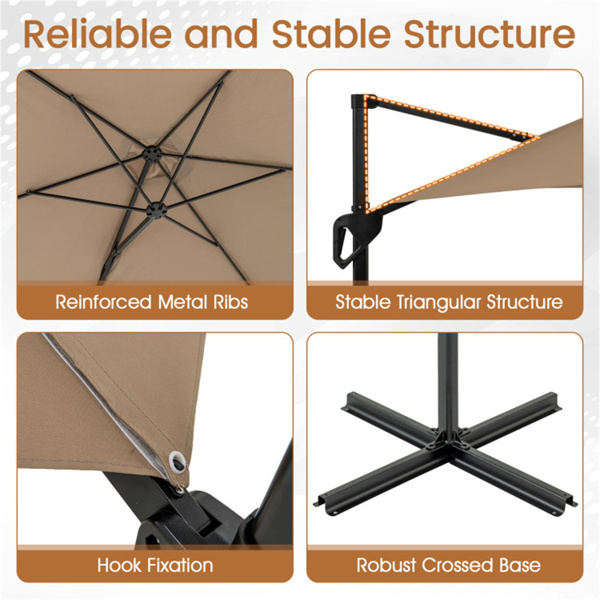 9x8.2FT悬臂式露台伞，双层通风偏置伞，用于花园游泳池-棕色-6