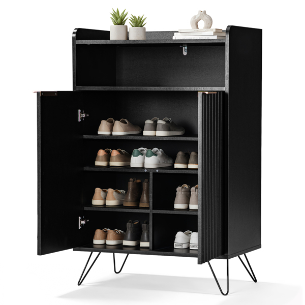 格栅面带挡板2门加顶部开放空间带2钩高脚 鞋柜 刨花板柜体 密度板吸塑门 68*40*106m  黑色-4