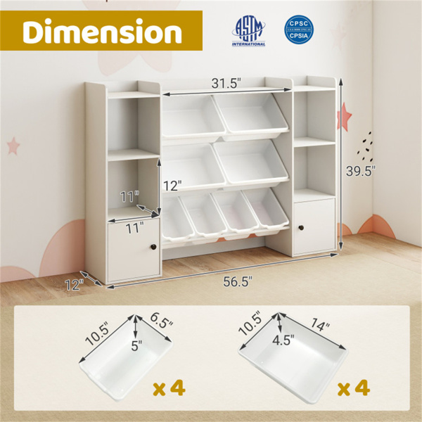 白色儿童玩具收纳柜，配备8个储物箱，防倾倒设计，开放式货架，可存放3年以上-3