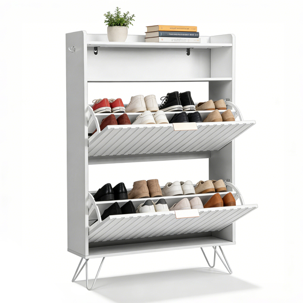 格栅面带挡板2斗加顶翻盖抽屉2挂钩高脚 鞋柜 刨花板柜体 密度板吸塑门 80*24*120cm  白色-3