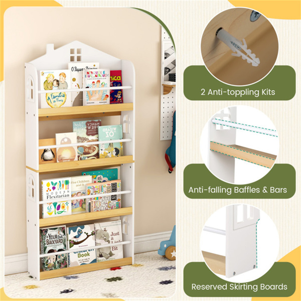 4层房屋形儿童书架，60.96×15.24×129.54 cm正面书架，带3年以上防倾倒套件，白色和天然色-9