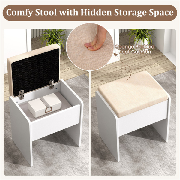 多功能梳妆台，带吹风机架，储物凳化妆台，适合家庭美容组织者-9