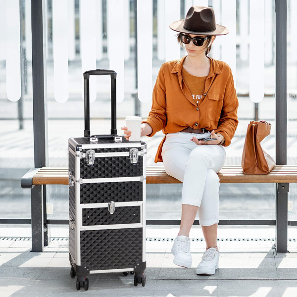 2合一带LED三色变化灯 USB双插口双线 滑轨前抽 平面左抽可拆卸万向轮 铝制 钻石纹 黑色 化妆箱 34*24*72.5cm-5