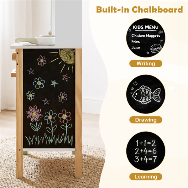 儿童木制游戏厨房，配有13个配件，3人以上带黑板的假装烹饪套装，白色+自然色-5