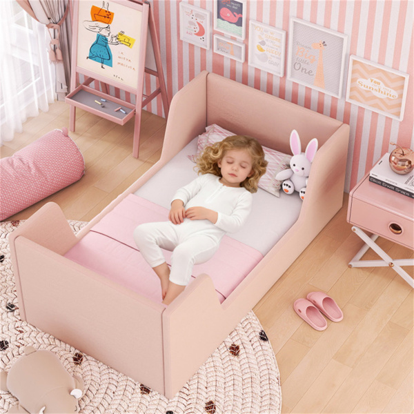 粉红色软垫幼儿床天鹅绒木制板条框架，适合儿童，无床垫-10