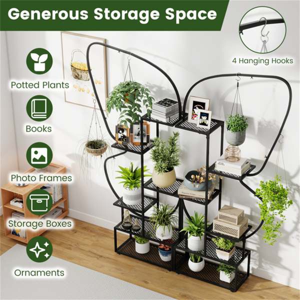 6层蝴蝶形金属植物支架，2件套，带挂钩，可调节脚垫，黑色-10