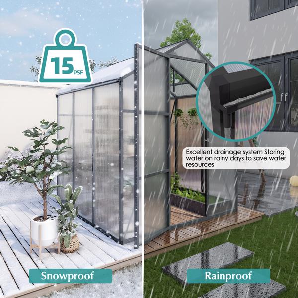 新款上市的增高型防风铝合金温室，尺寸为 6x6 英尺，采用聚碳酸酯面板，配备加高底座和地锚，是一款坚固耐用的步入式温室，适合四季户外庭院使用。--不支持self-pick up且不支持指定仓库发货-12