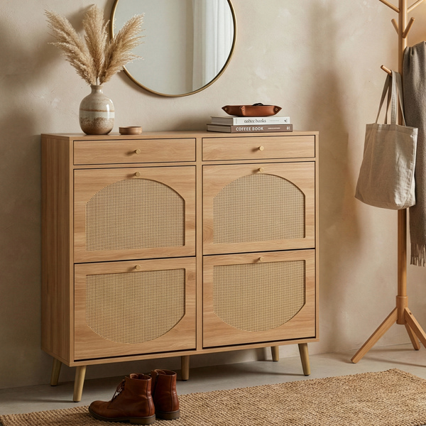 藤面2抽4翻斗 鞋柜 刨花板 105*24*110cm 原木色-6