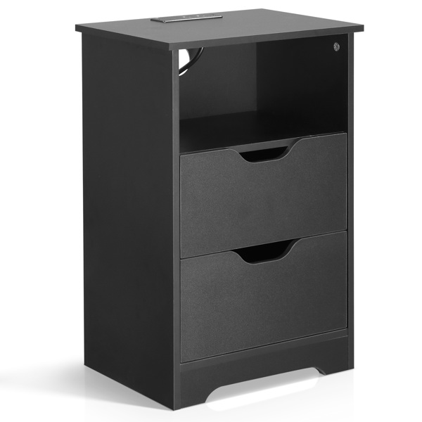 黑色 P2刨花板 贴麻面三胺 无拉手 40*30*60cm 两抽带上隔层 床头柜 带欧规电源 1PC-70