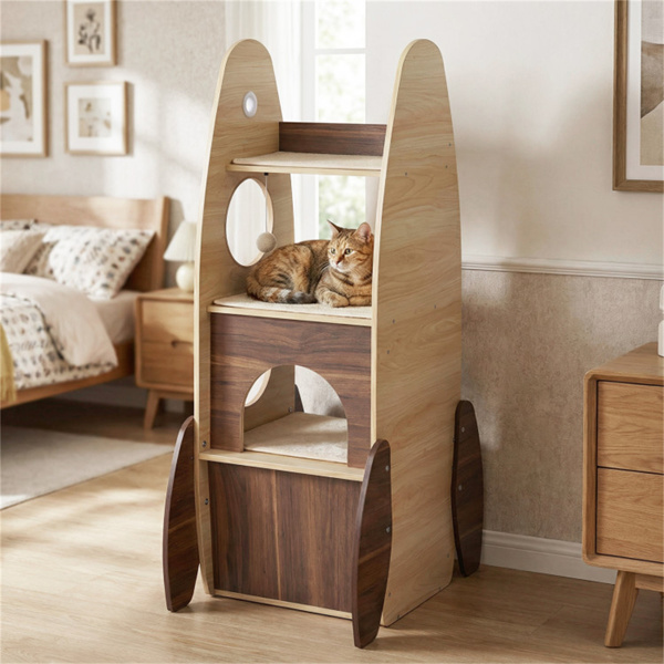 4层火箭形状的猫树，带2层公寓式剑麻抓地垫，悬挂蓬蓬自然+白色-2