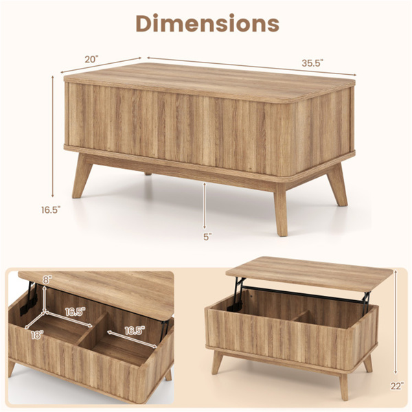 带凹槽设计的胡桃木升降式咖啡桌，90.17×50.80×41.91cm橡胶木腿桌，带2个隐藏式储物空间，容量220LBS-5