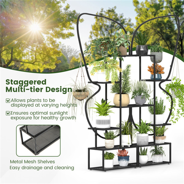 6层蝴蝶形金属植物支架，2件套，带挂钩，可调节脚垫，黑色-9