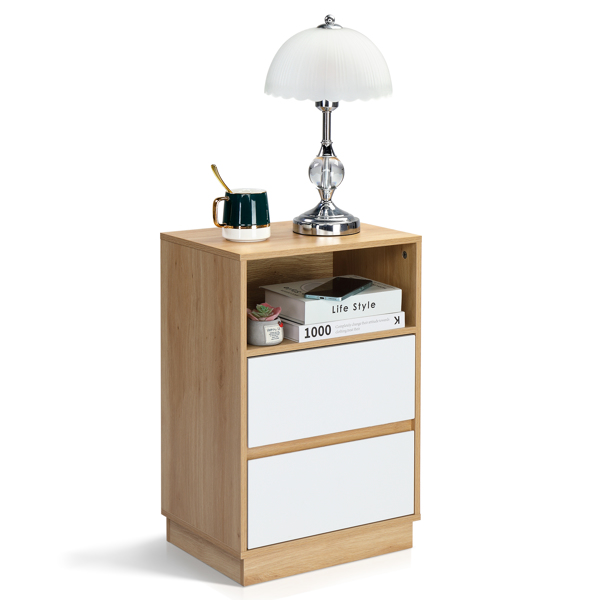 白色+橡木色 P2刨花板 贴麻面三胺 抽屉斜封边 40*30*60cm 两抽带上隔层 床头柜 1PC-14