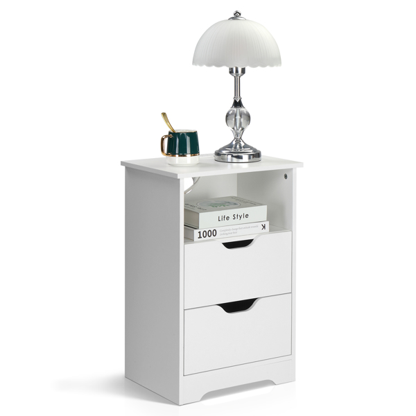 白色 P2刨花板 贴麻面三胺 无拉手 40*30*60cm 两抽带上隔层 床头柜 带欧规电源 1PC-29