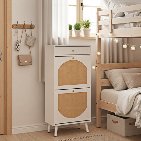 藤面1抽2翻斗 鞋柜 刨花板 54*24*110cm 白色-1