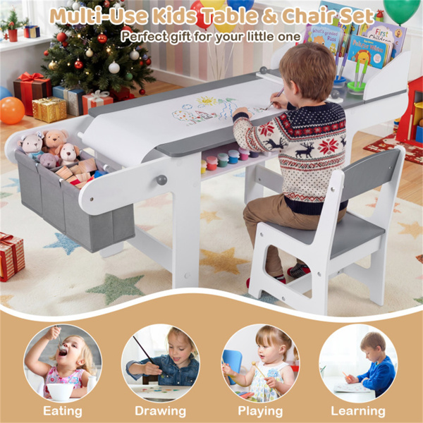 儿童艺术桌椅套装，带可更换纸卷、大容量储物幼儿活动台-10