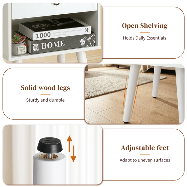 白色 P2刨花板+实木腿 贴麻面三胺 拉环拉手 38*30*55cm 一抽带下隔层 床头柜 1PC-3