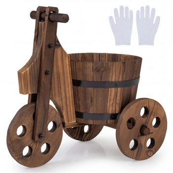 木制花园床农舍式木制植物推车，金属带加固庭院装饰花盆