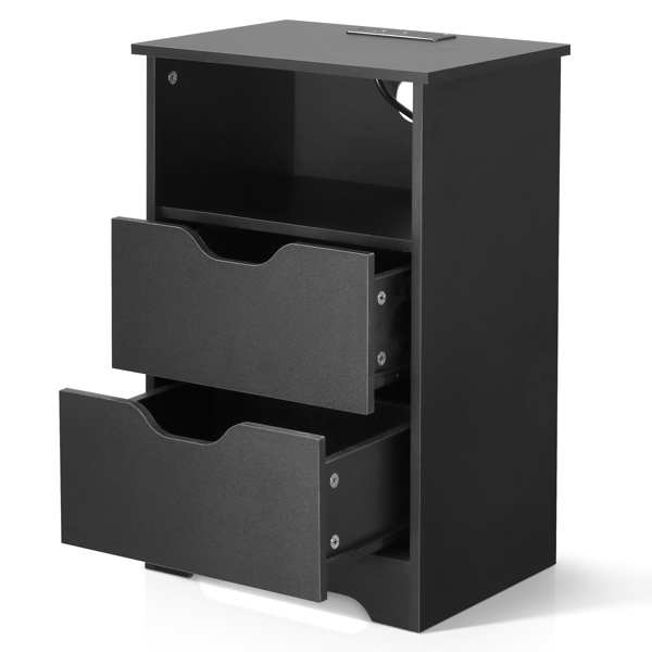 黑色 P2刨花板 贴麻面三胺 无拉手 40*30*60cm 两抽带上隔层 床头柜 带欧规电源 1PC-36