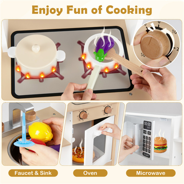 儿童木制游戏厨房，配有13个配件，3人以上带黑板的假装烹饪套装，白色+自然色-9