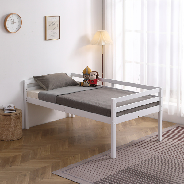白色 油漆面 松木+胶合板 头尾横撑护栏 Twin 儿童木床 直梯 可拆分成单层床 双层床-39