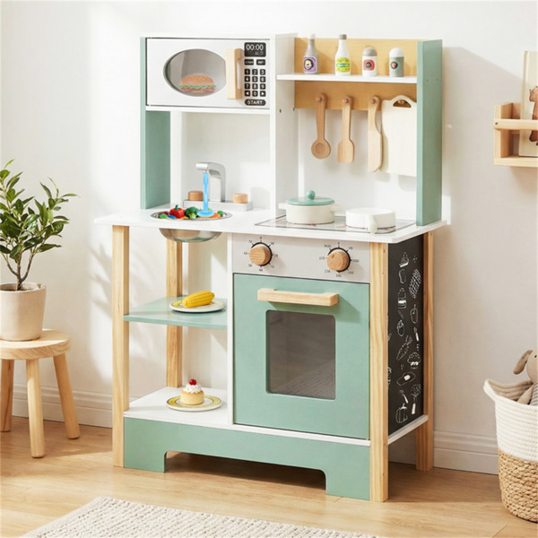 儿童木制游戏厨房，配有13个配件，3人以上带黑板的假装烹饪套装，绿色+白色-3