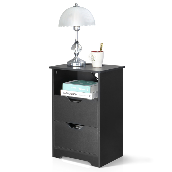 黑色 P2刨花板 贴麻面三胺 无拉手 40*30*60cm 两抽带上隔层 床头柜 带欧规电源 1PC-32