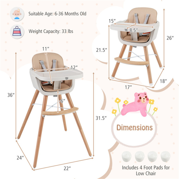 6合1可转换婴儿高脚椅，榉木框架5点式安全带，适用于6-36个月大的婴儿-4