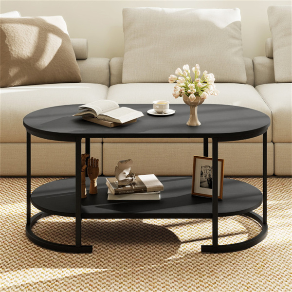 双层咖啡桌，带金属框架，100×50×45厘米机器人真空友好型梳妆台，客厅办公室可容纳88磅-黑色-2