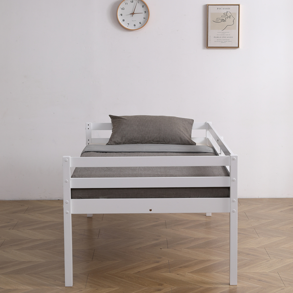 白色 油漆面 松木+胶合板 头尾横撑护栏 Twin 儿童木床 直梯 可拆分成单层床 双层床-48