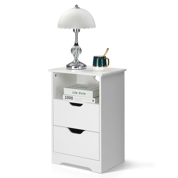 白色 P2刨花板 贴麻面三胺 无拉手 40*30*60cm 两抽带上隔层 床头柜 带欧规电源 1PC-16